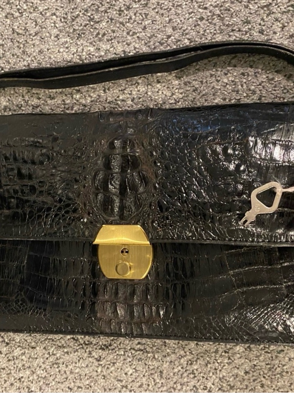 Black Croc-Embossed Leather Shoulder Bag with Gold Lock